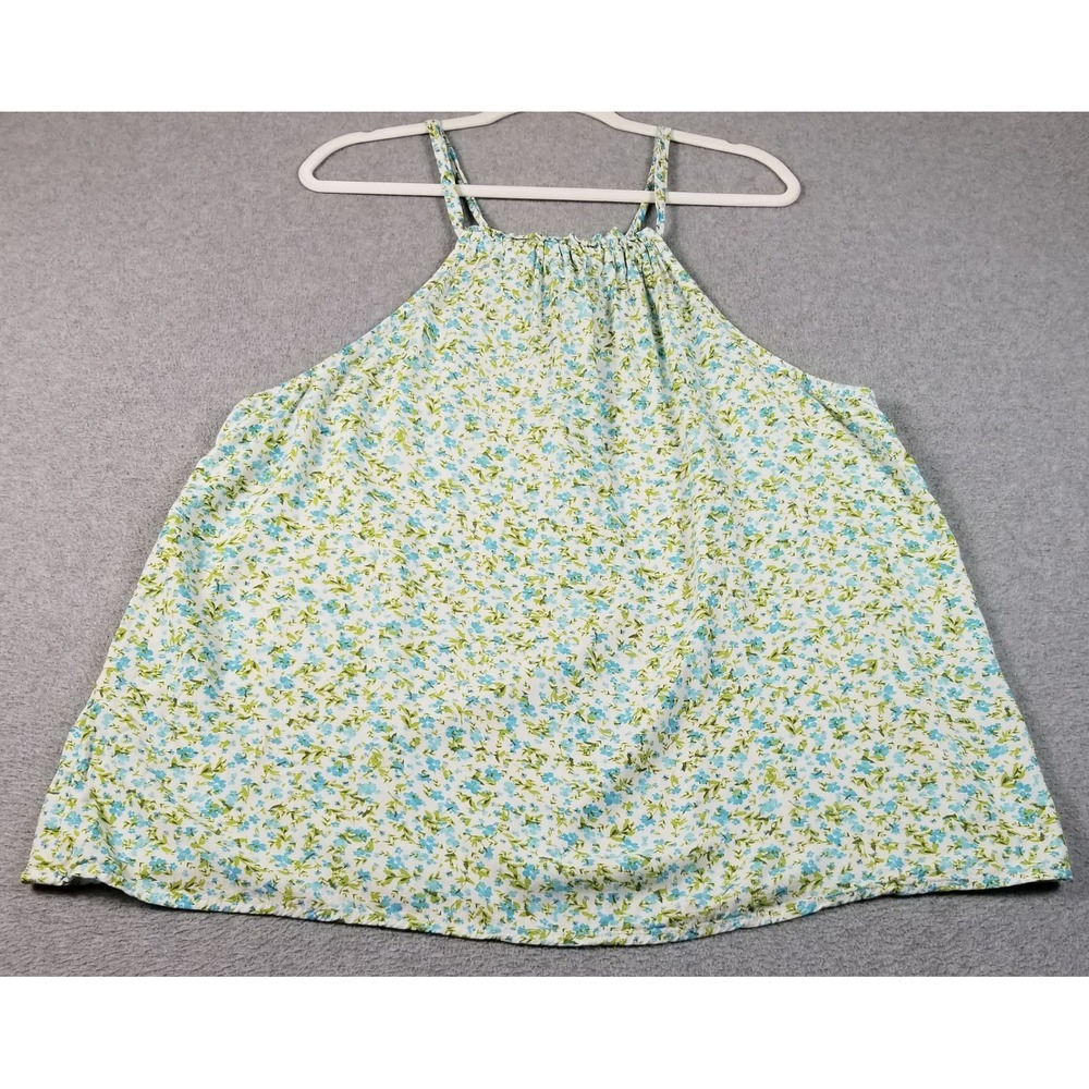 Time and Tru Halter Tank Top Women 2XL XXL 20 Blue Green Floral Drawstring Neck - Picture 1 of 9